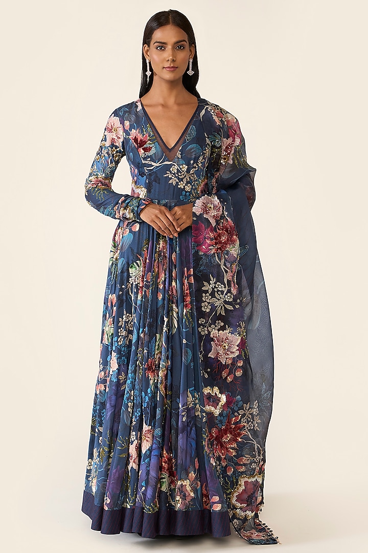 Blue Chanderi Printed & Sequins Embroidered Anarkali Set by Varun Bahl at Pernia's Pop Up Shop