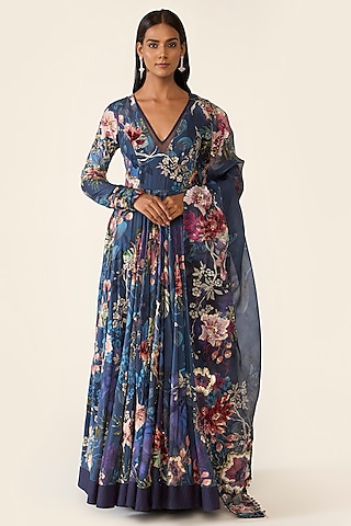 Blue Chanderi Printed & Sequins Embroidered Anarkali Set by Varun Bahl