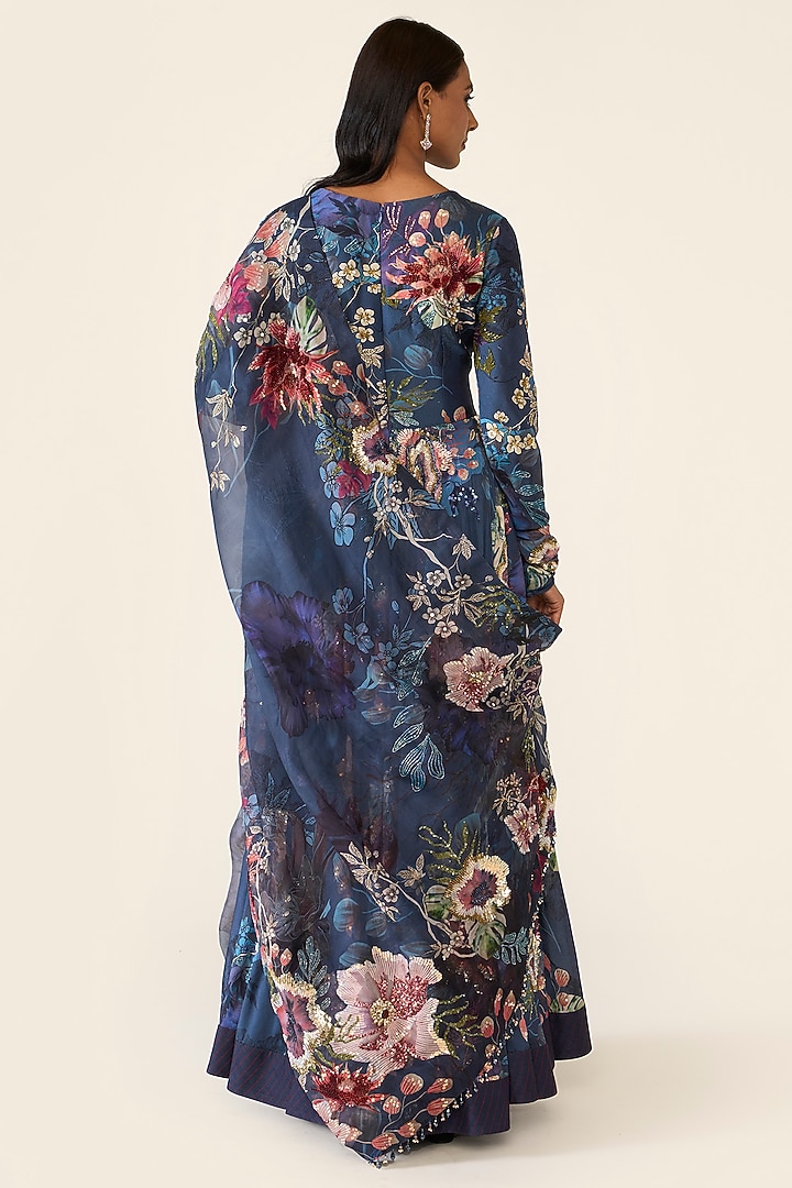 Blue Chanderi Printed & Sequins Embroidered Bridal Anarkali Set by Varun Bahl at Pernia's Pop Up Shop