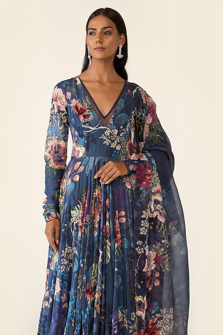 Blue Chanderi Printed & Sequins Embroidered Bridal Anarkali Set by Varun Bahl at Pernia's Pop Up Shop
