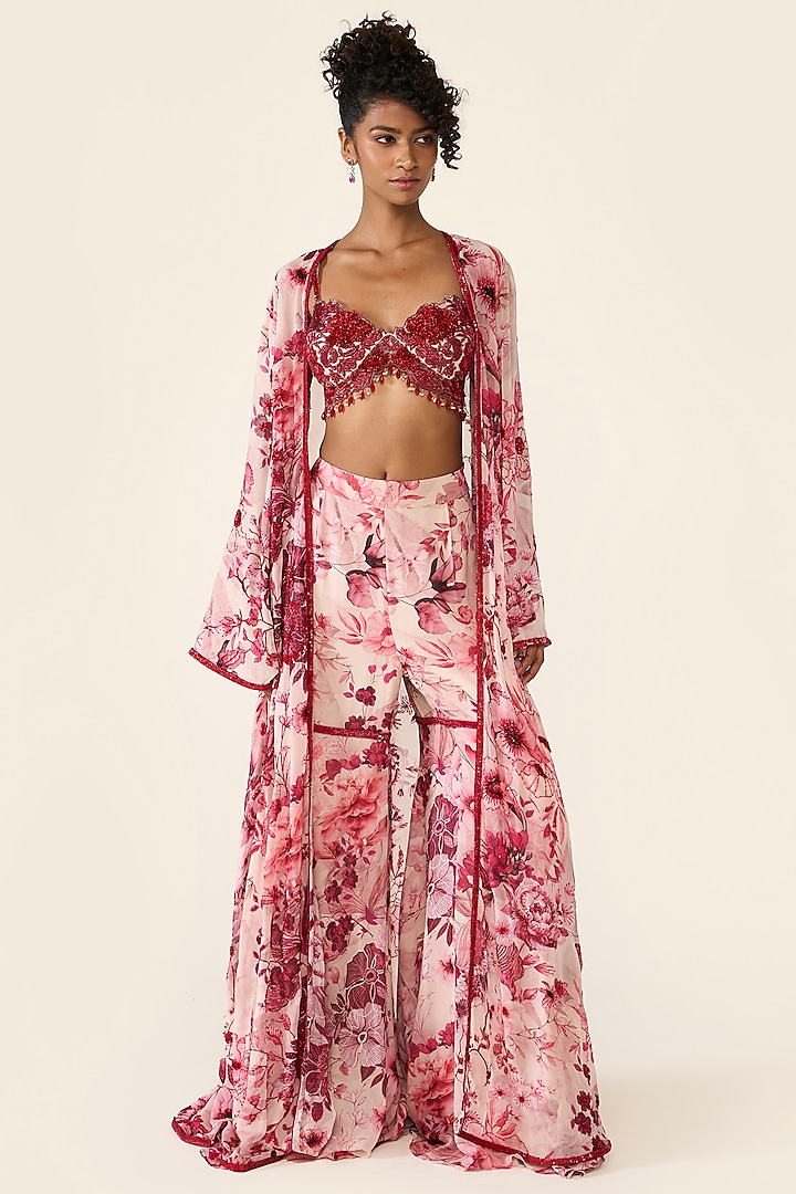 Pink Georgette Printed & Sequins Embroidered Cape Set by Varun Bahl