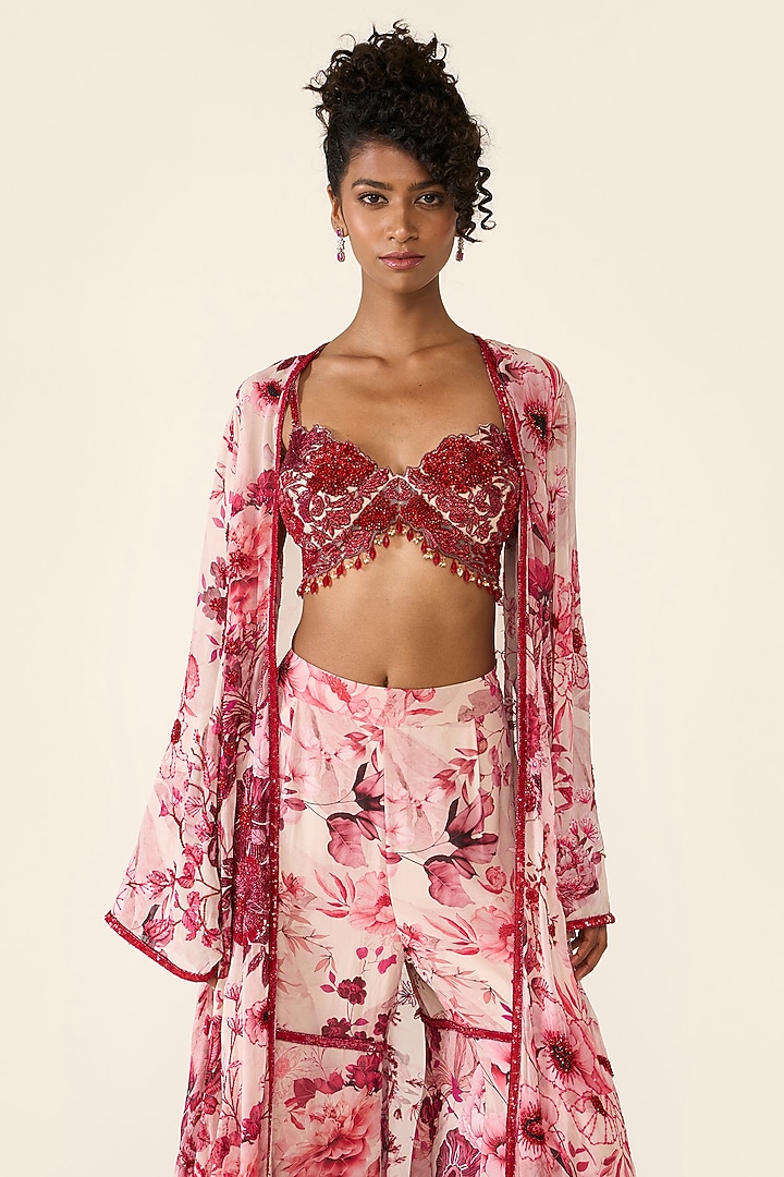 Pink Georgette Printed & Sequins Embroidered Cape Set by Varun Bahl at Pernia's Pop Up Shop