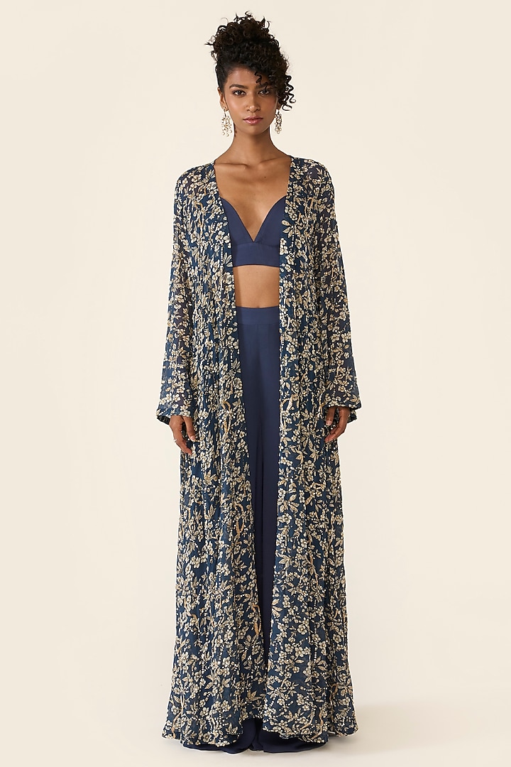 Blue Georgette Printed & Sequins Embroidered Cape Set by Varun Bahl at Pernia's Pop Up Shop