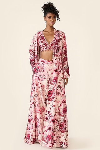 Pink Silk Dupion Printed & Sequins Embroidered Jacket Set by Varun Bahl
