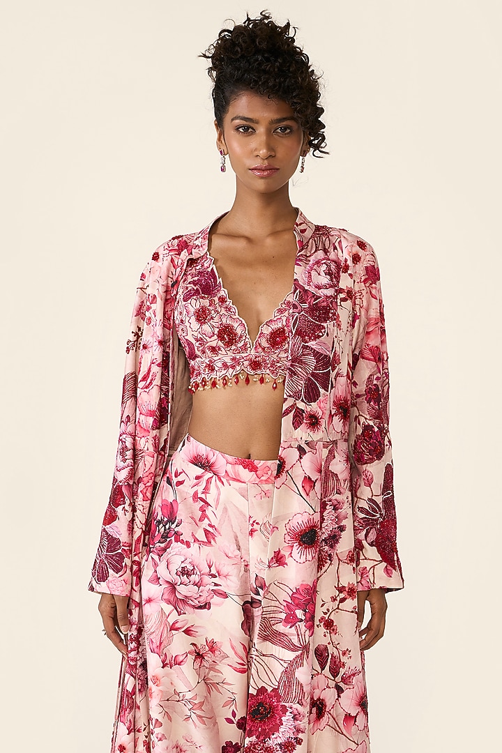 Pink Silk Dupion Printed & Sequins Embroidered Jacket Set by Varun Bahl at Pernia's Pop Up Shop