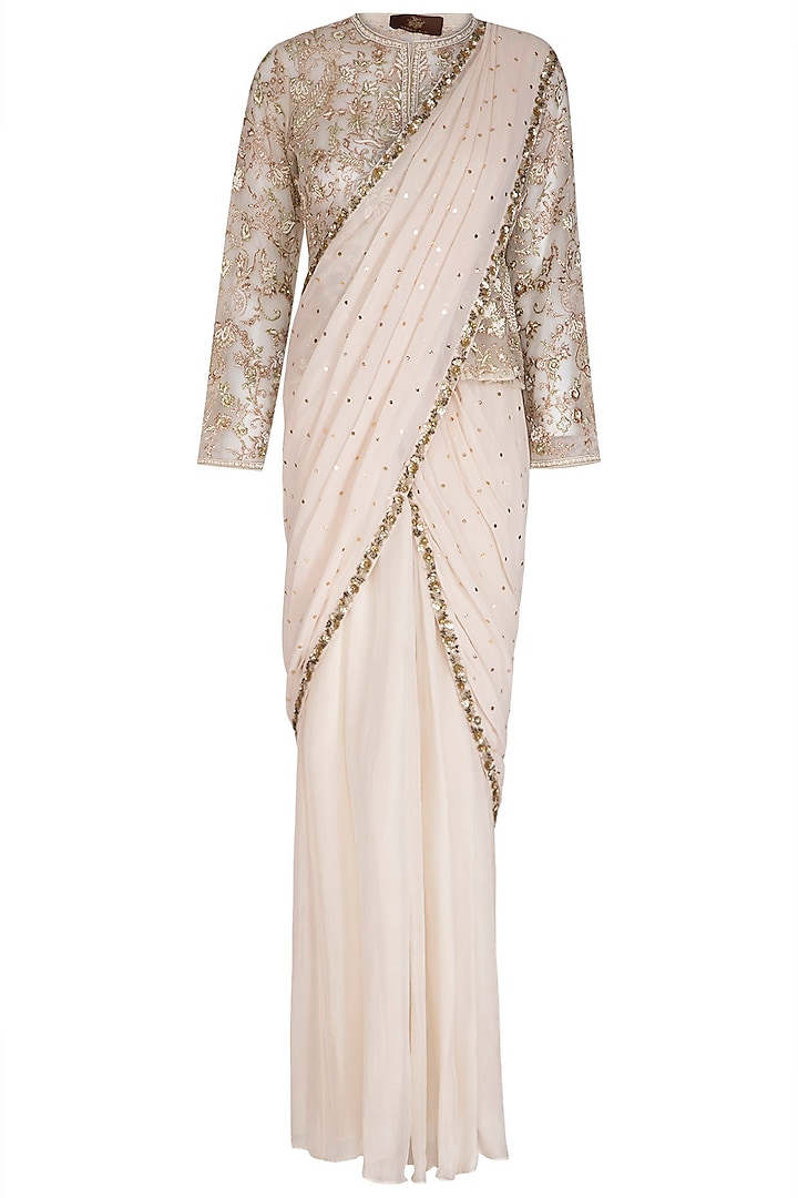 Ivory Embellished Pre-Stitched Saree Set by Varun Bahl Pret