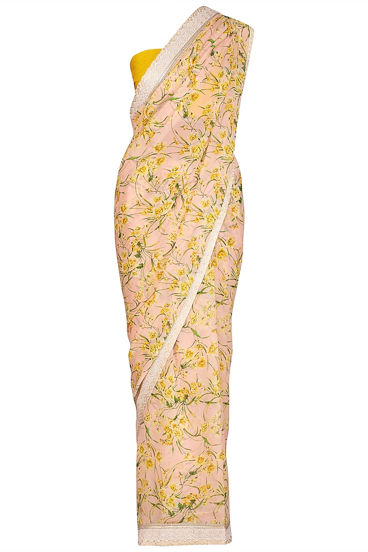 Mustard Yellow Printed Embroidered Saree Set by Varun Bahl Pret
