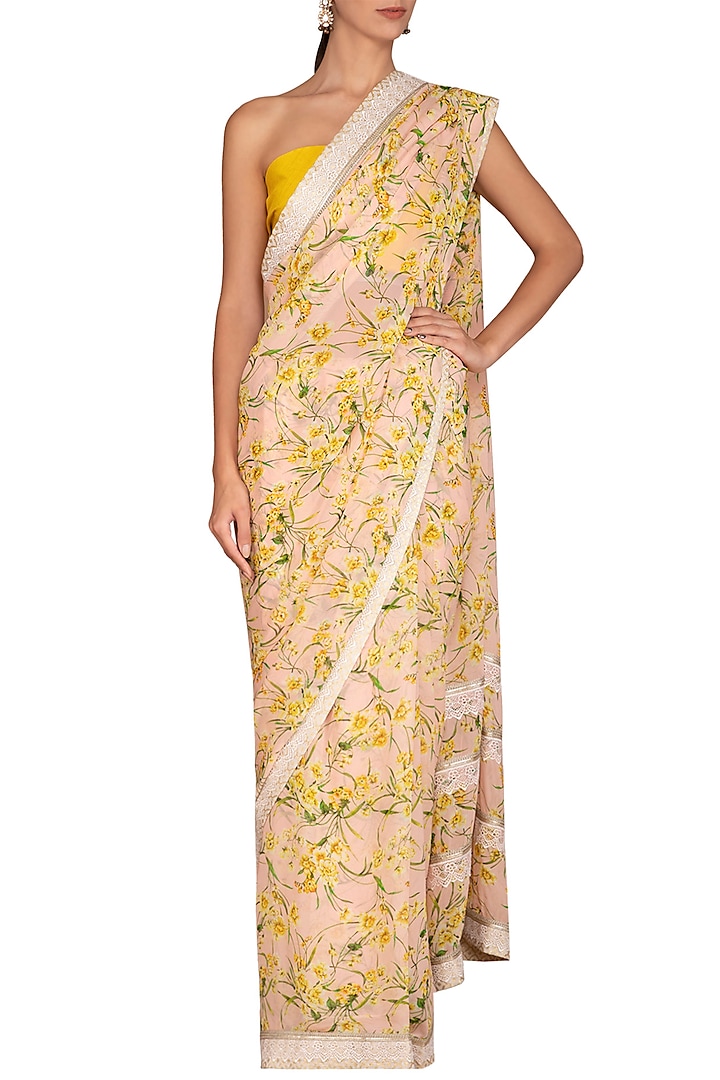Mustard Yellow Printed Embroidered Wedding Saree Set by Varun Bahl Pret at Pernia's Pop Up Shop
