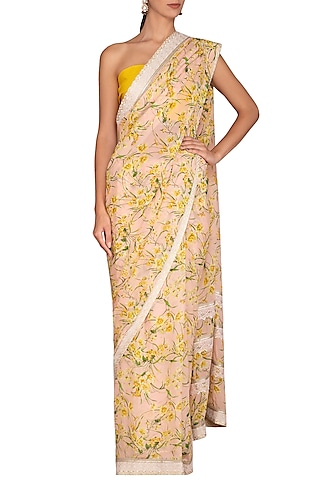 Mustard Yellow Printed Embroidered Saree Set by Varun Bahl Pret