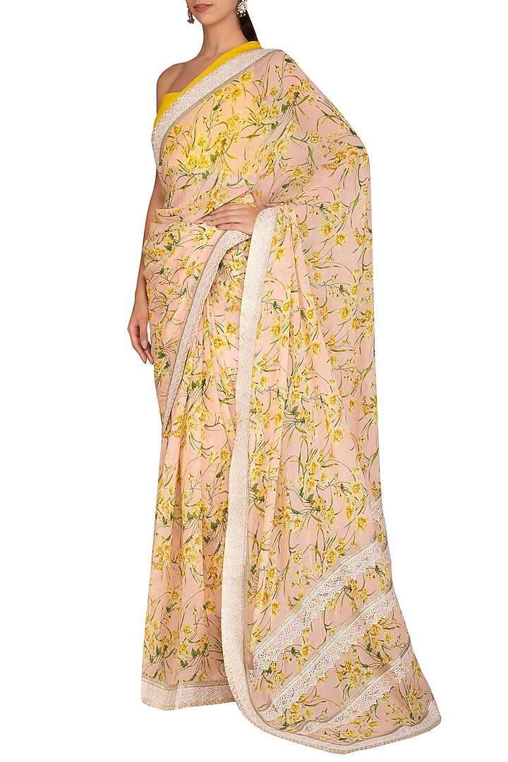 Mustard Yellow Printed Embroidered Wedding Saree Set by Varun Bahl Pret at Pernia's Pop Up Shop