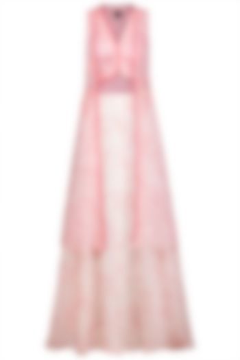 Pink Crop Top With Attached Cape & Skirt by Varun Bahl Pret