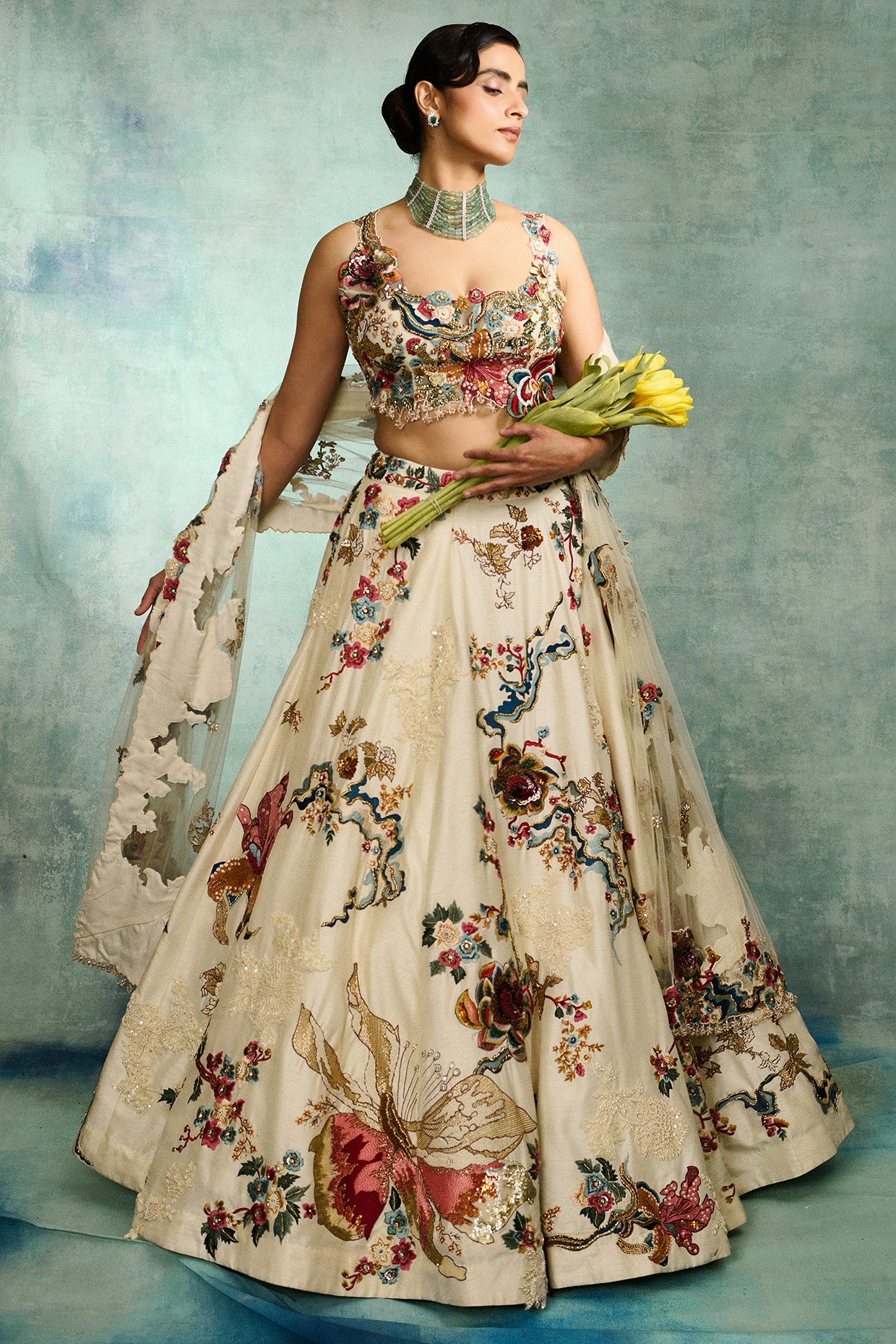 Varun Bahl Ivory Modal Dupion Floral Hand Embroidered Lehenga Set