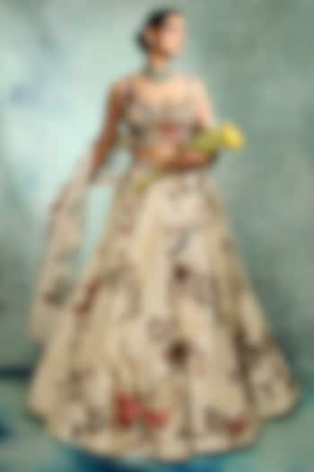 Ivory Modal Dupion Floral Hand Embroidered Bridal Lehenga Set by Varun Bahl at Pernia's Pop Up Shop