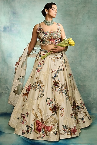 Ivory Modal Dupion Floral Hand Embroidered Lehenga Set by Varun Bahl