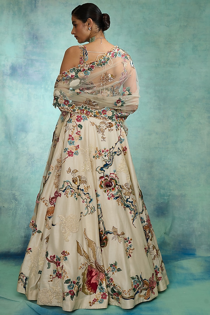 Ivory Modal Dupion Floral Hand Embroidered Bridal Lehenga Set by Varun Bahl at Pernia's Pop Up Shop