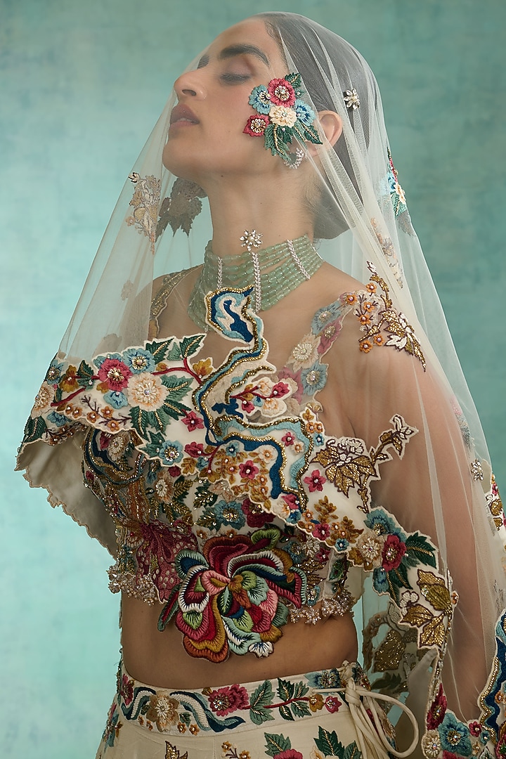 Ivory Modal Dupion Floral Hand Embroidered Bridal Lehenga Set by Varun Bahl at Pernia's Pop Up Shop