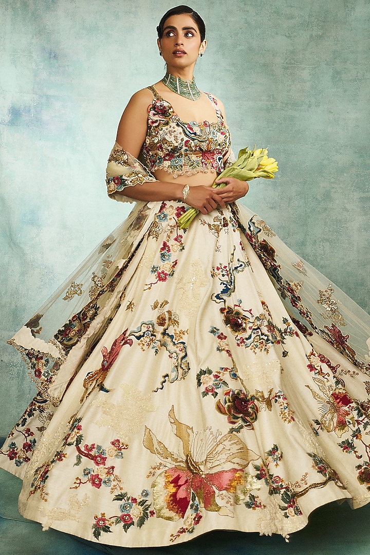 Ivory Modal Dupion Floral Hand Embroidered Bridal Lehenga Set by Varun Bahl at Pernia's Pop Up Shop