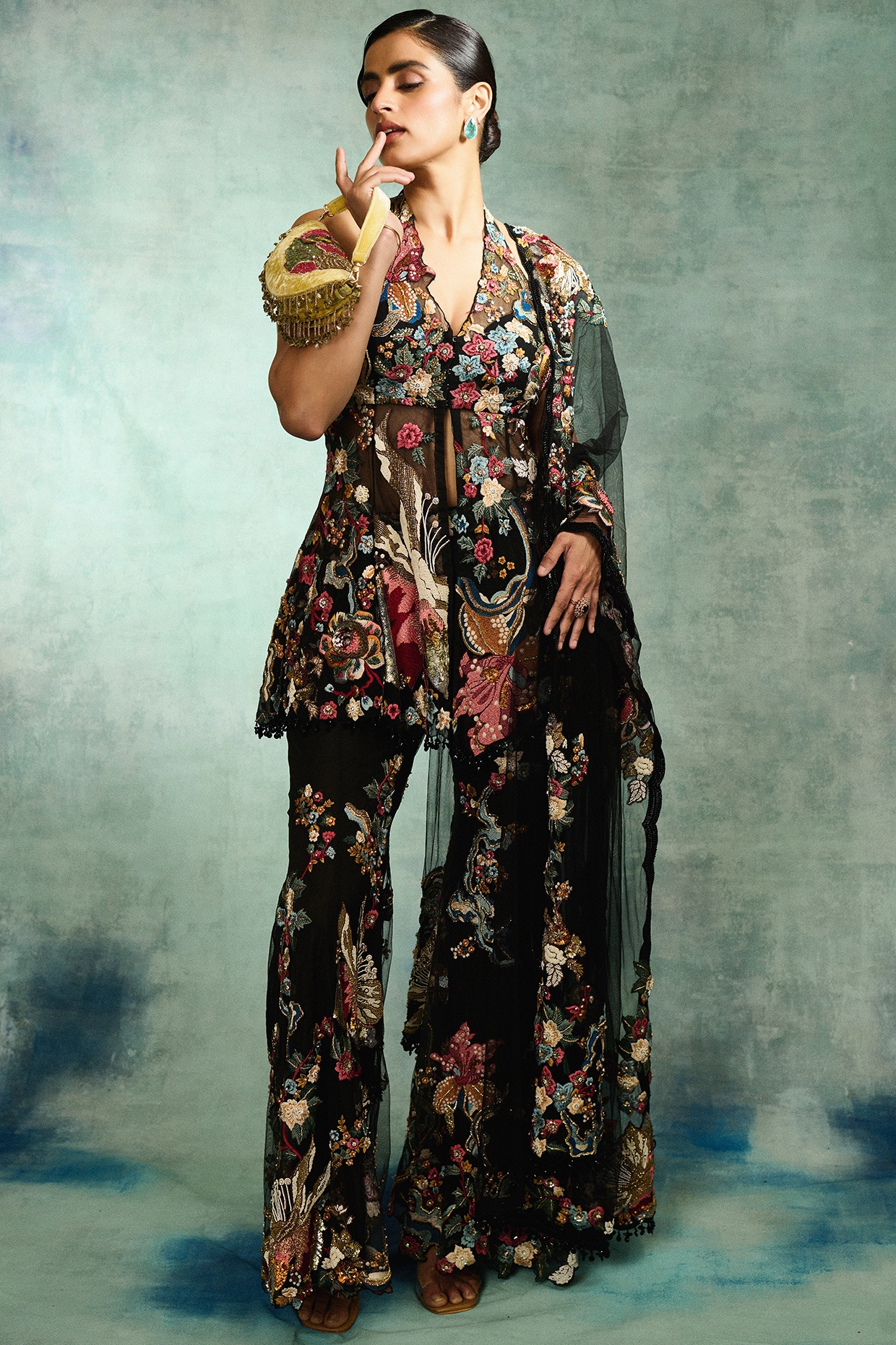 Varun Bahl Black Mono Net 3D Floral Patchwork Sharara Set