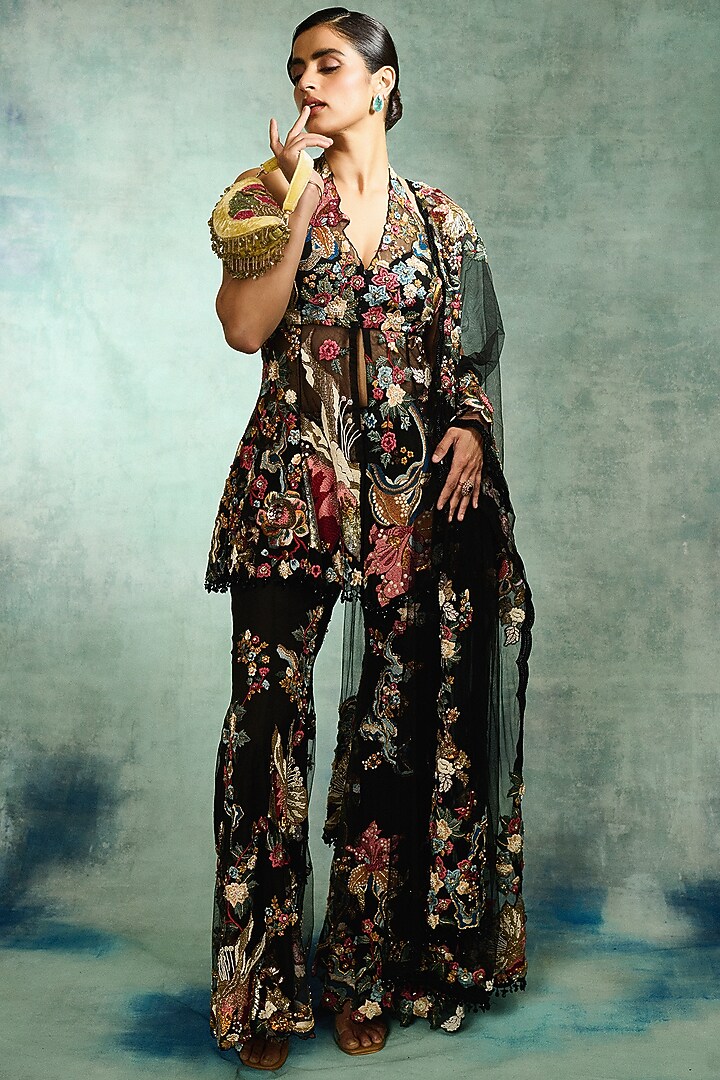 Black Mono Net 3D Floral Patchwork Bridal Sharara Set by Varun Bahl at Pernia's Pop Up Shop