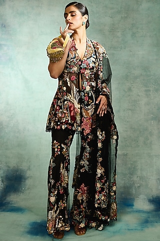 Black Mono Net 3D Floral Patchwork Sharara Set by Varun Bahl