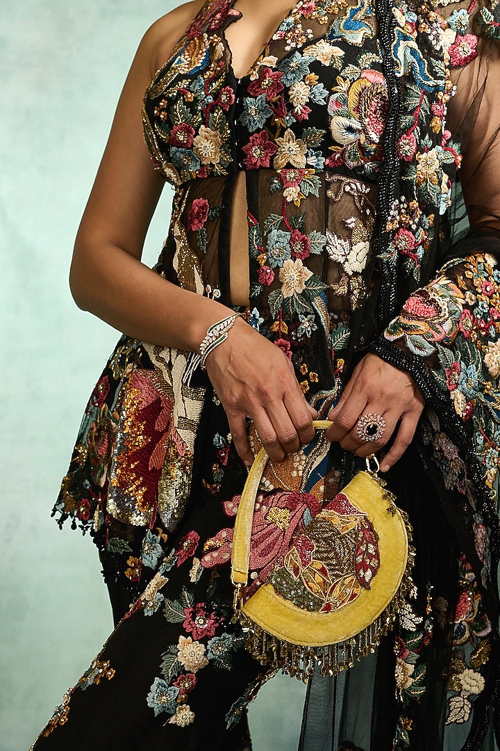 Black Mono Net 3D Floral Patchwork Bridal Sharara Set by Varun Bahl at Pernia's Pop Up Shop