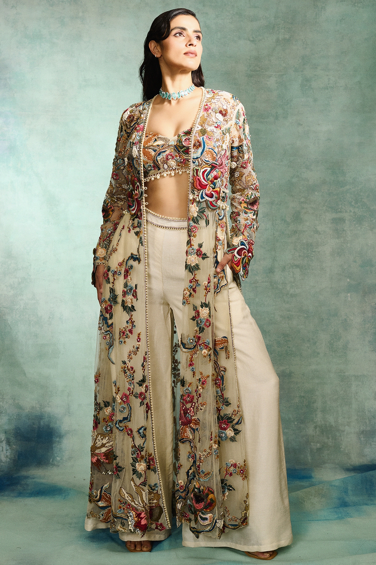 Varun Bahl Ivory Mono Net Floral Embroidered Long Jacket Set