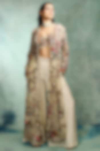 Ivory Mono Net Floral Embroidered Long Jacket Set by Varun Bahl at Pernia's Pop Up Shop