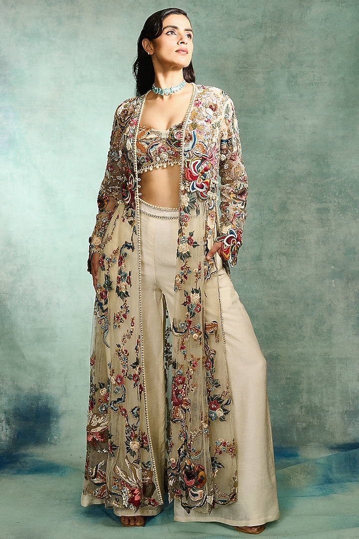 Ivory Mono Net Floral Embroidered Long Jacket Set by Varun Bahl at Pernia's Pop Up Shop