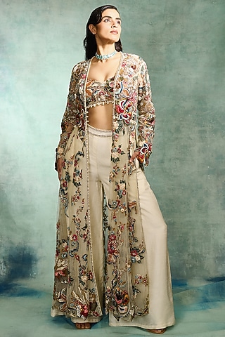 Ivory Mono Net Floral Embroidered Long Jacket Set by Varun Bahl