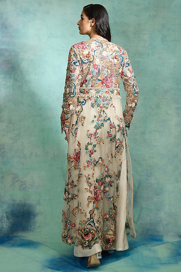 Ivory Mono Net Floral Embroidered Long Jacket Set by Varun Bahl at Pernia's Pop Up Shop