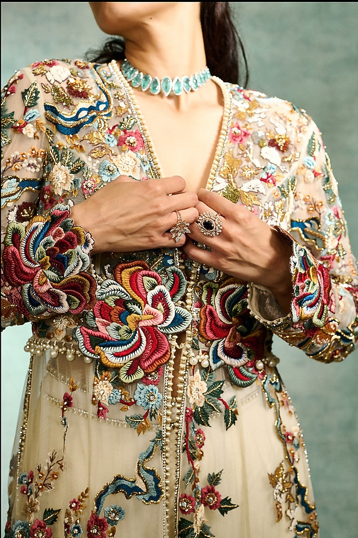Ivory Mono Net Floral Embroidered Long Jacket Set by Varun Bahl at Pernia's Pop Up Shop