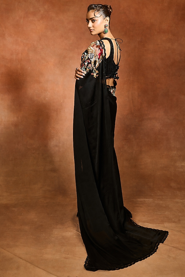 Black Satin Chiffon Embroidered Bridal Saree Set by Varun Bahl at Pernia's Pop Up Shop