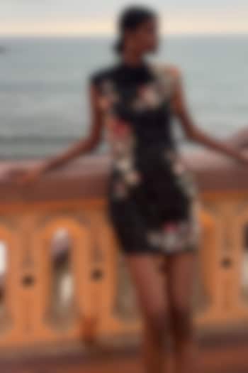 Black Mono Net Floral Hand Embroidered Mini Party Wear Dress by Varun Bahl at Pernia's Pop Up Shop