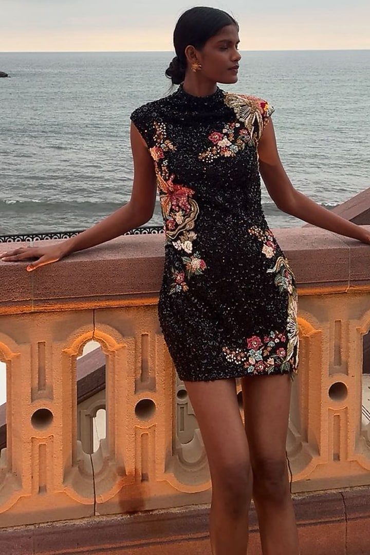 Black Mono Net Floral Hand Embroidered Mini Party Wear Dress by Varun Bahl at Pernia's Pop Up Shop