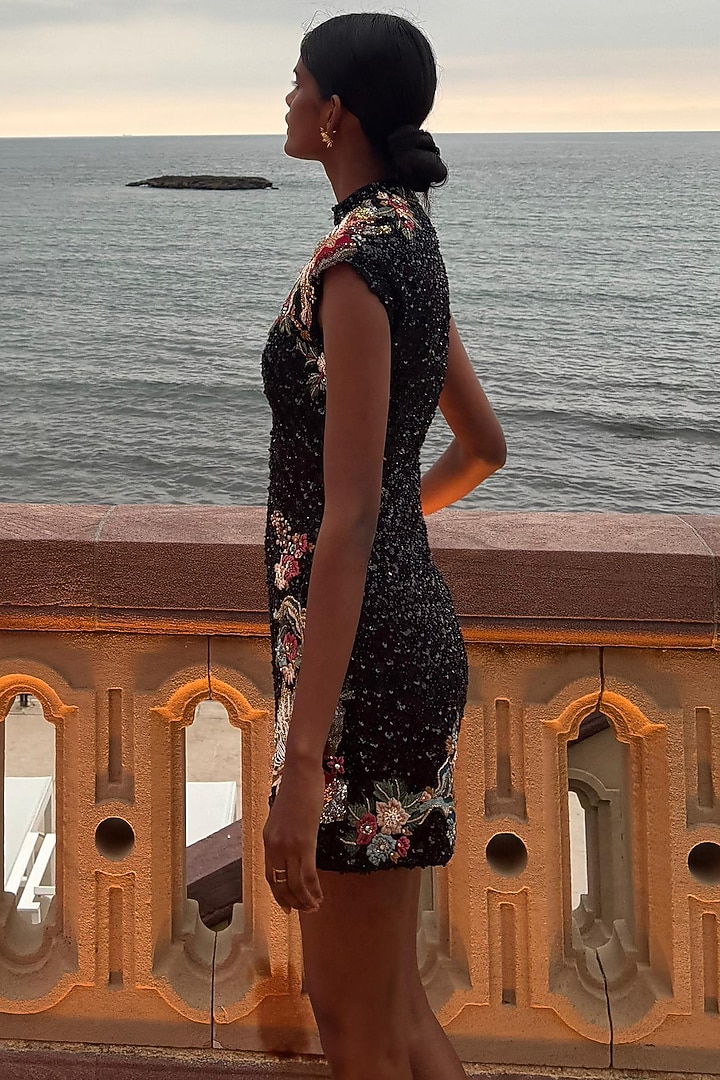 Black Mono Net Floral Hand Embroidered Mini Party Wear Dress by Varun Bahl at Pernia's Pop Up Shop