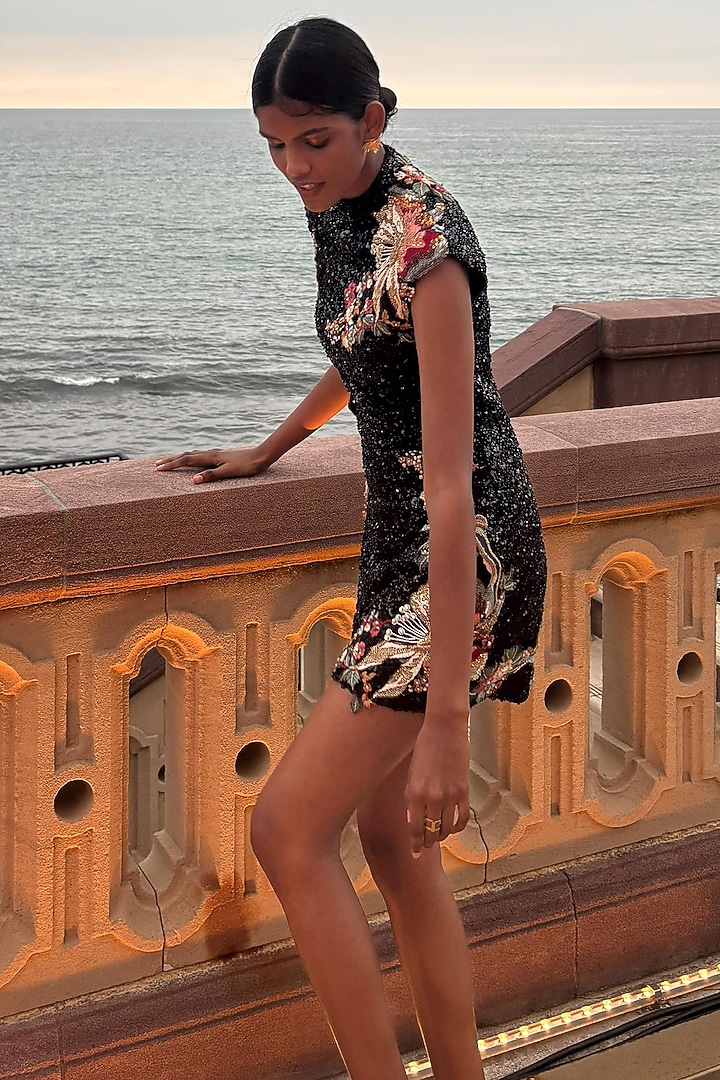 Black Mono Net Floral Hand Embroidered Mini Party Wear Dress by Varun Bahl at Pernia's Pop Up Shop