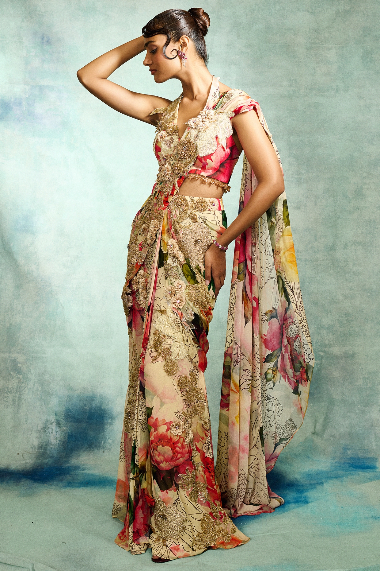 Varun Bahl Multi-Colored Georgette Floral Printed Pre-Draped Saree Set