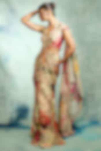 Multi-Colored Georgette Floral Printed Pre-Draped Bridal Saree Set by Varun Bahl at Pernia's Pop Up Shop