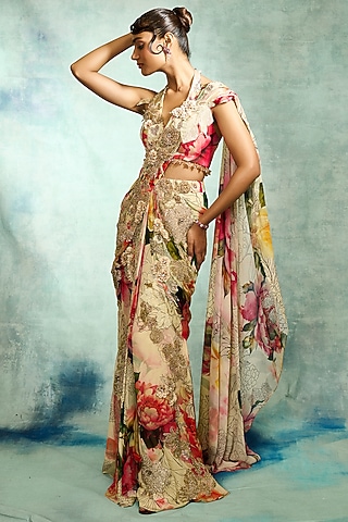 Multi-Colored Georgette Floral Printed Pre-Draped Saree Set by Varun Bahl