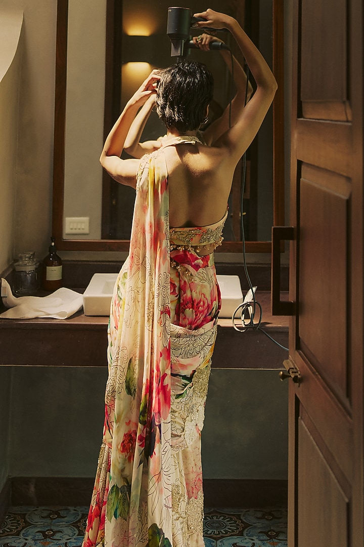 Multi-Colored Georgette Floral Printed Pre-Draped Bridal Saree Set by Varun Bahl at Pernia's Pop Up Shop