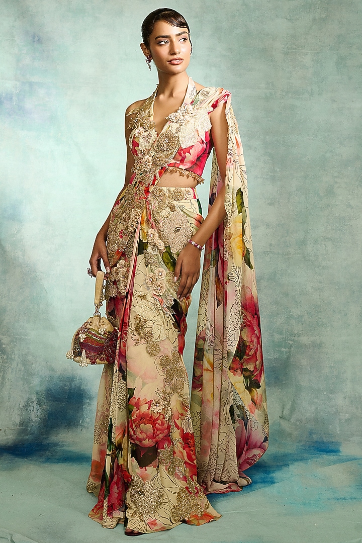 Multi-Colored Georgette Floral Printed Pre-Draped Bridal Saree Set by Varun Bahl at Pernia's Pop Up Shop