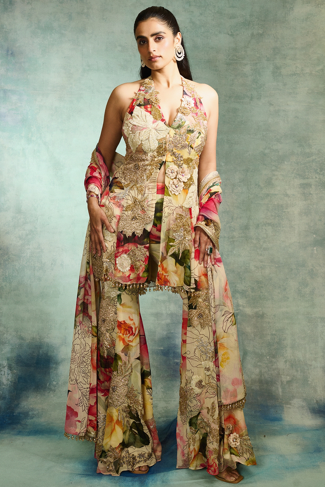 Varun Bahl Multi-Colored Georgette Floral Printed Sharara Set