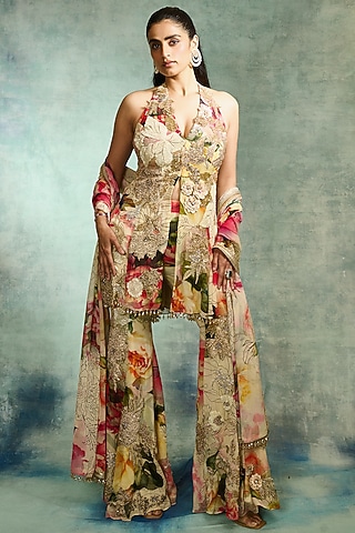 Multi-Colored Georgette Floral Printed Sharara Set by Varun Bahl