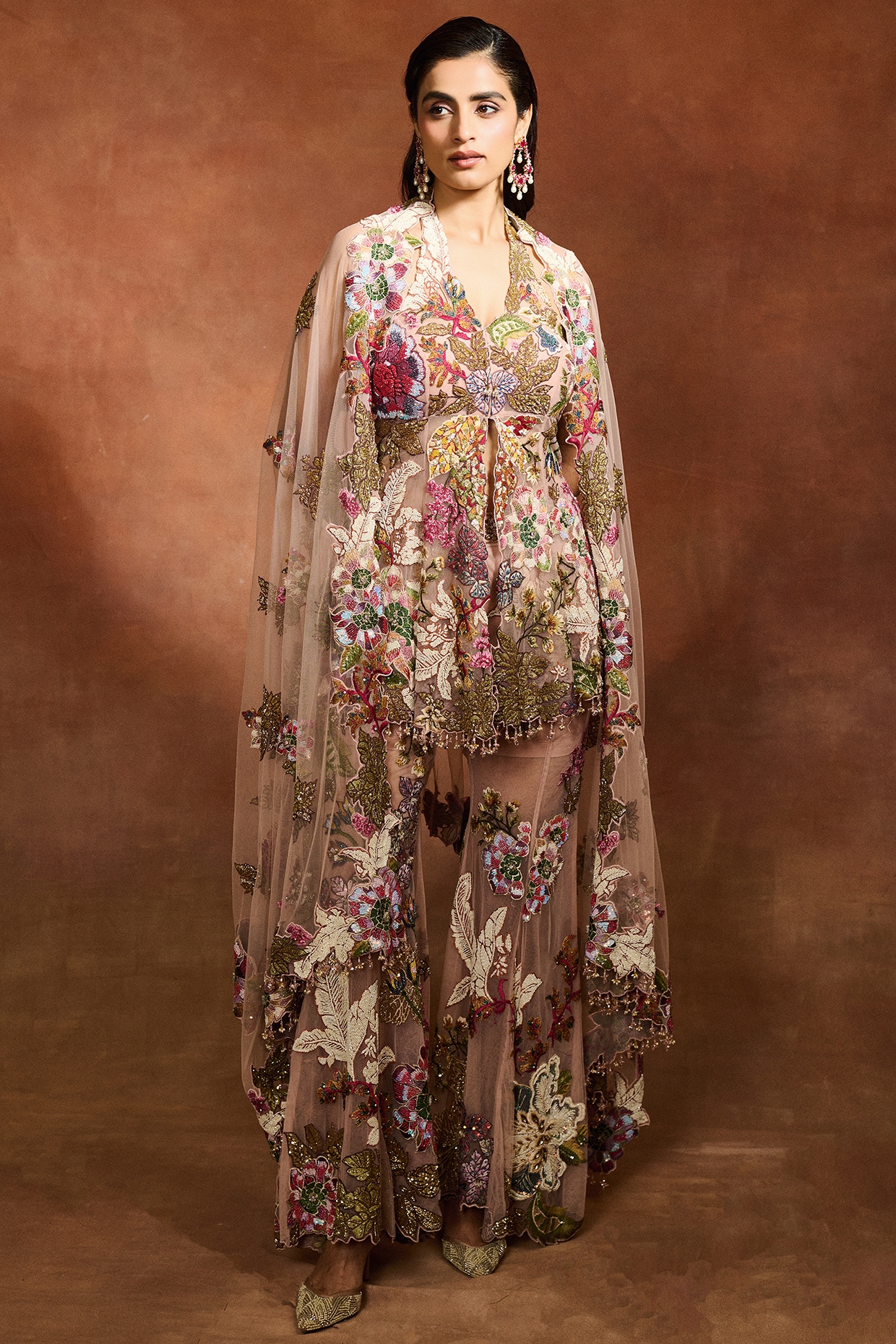 Varun Bahl Peach Mono Net Floral Printed Sharara Set