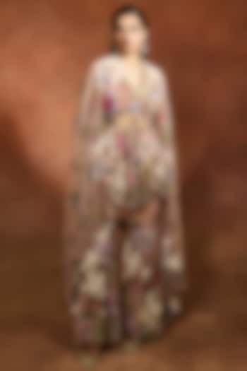 Peach Mono Net Floral Printed Bridal Sharara Set by Varun Bahl at Pernia's Pop Up Shop