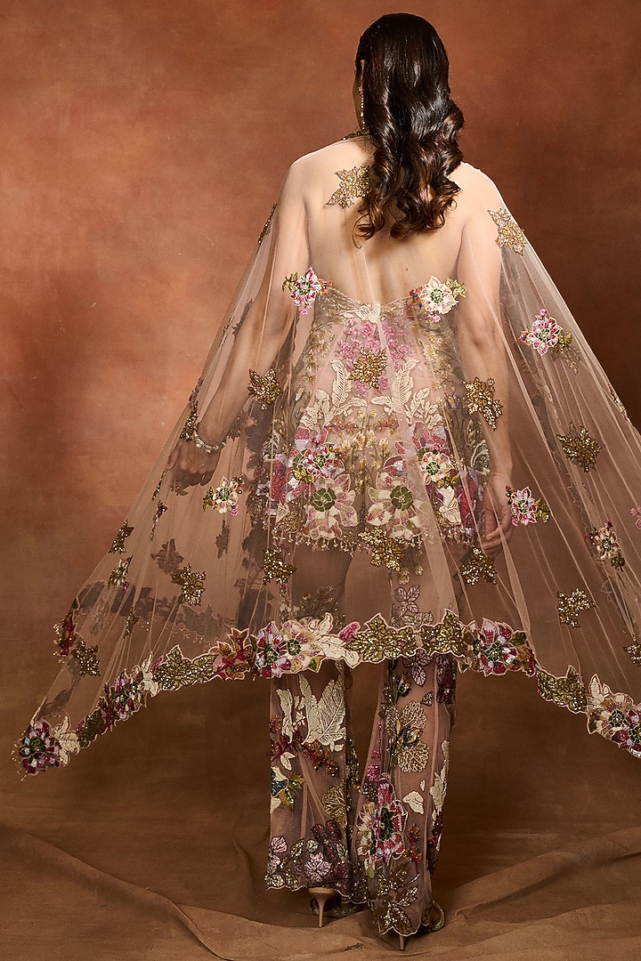 Peach Mono Net Floral Printed Bridal Sharara Set by Varun Bahl at Pernia's Pop Up Shop
