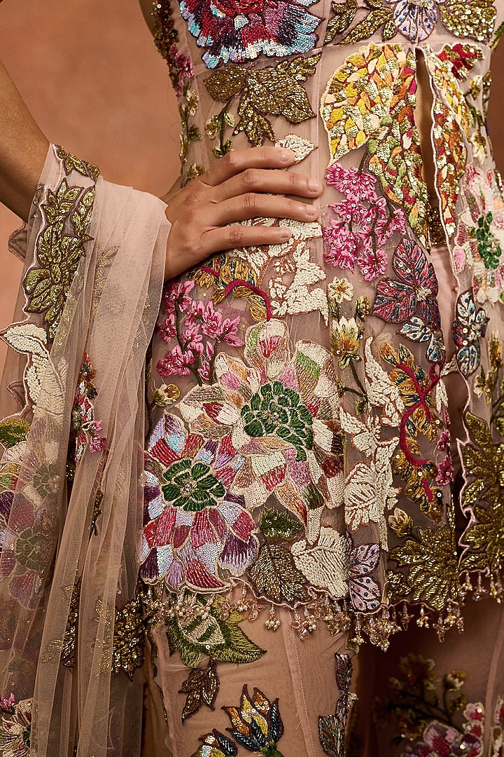 Peach Mono Net Floral Printed Bridal Sharara Set by Varun Bahl at Pernia's Pop Up Shop