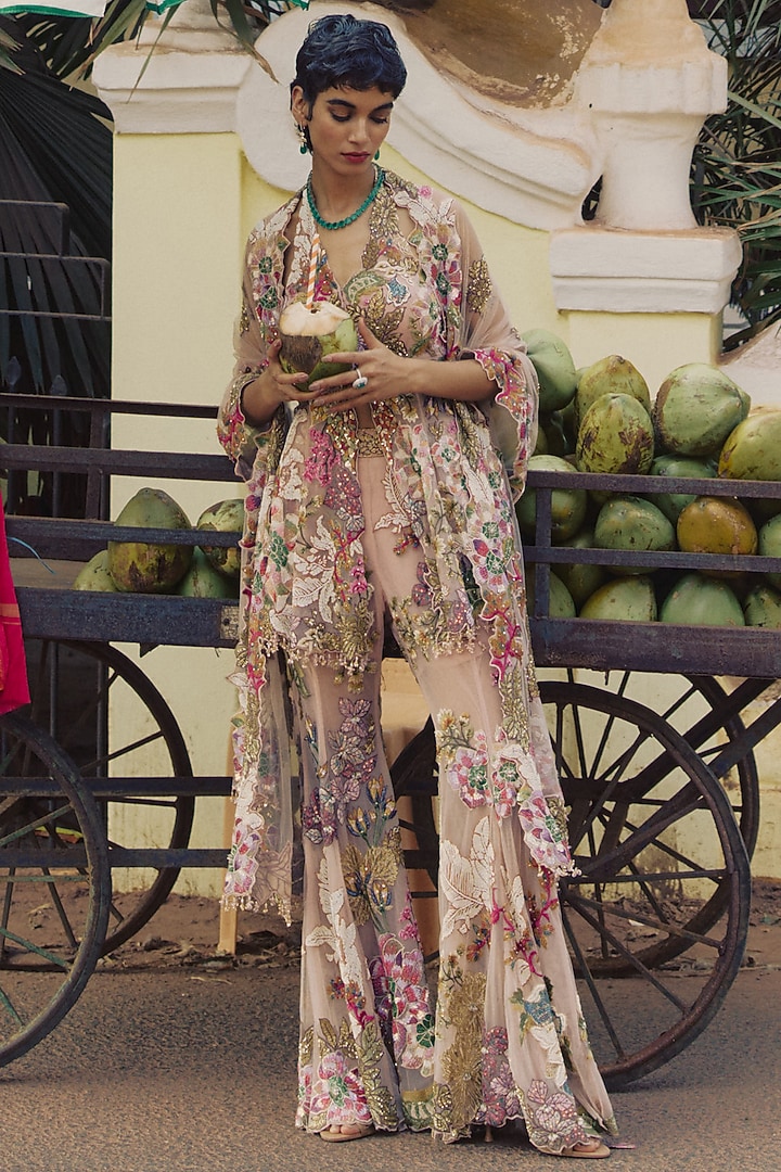 Peach Mono Net Floral Printed Bridal Sharara Set by Varun Bahl at Pernia's Pop Up Shop