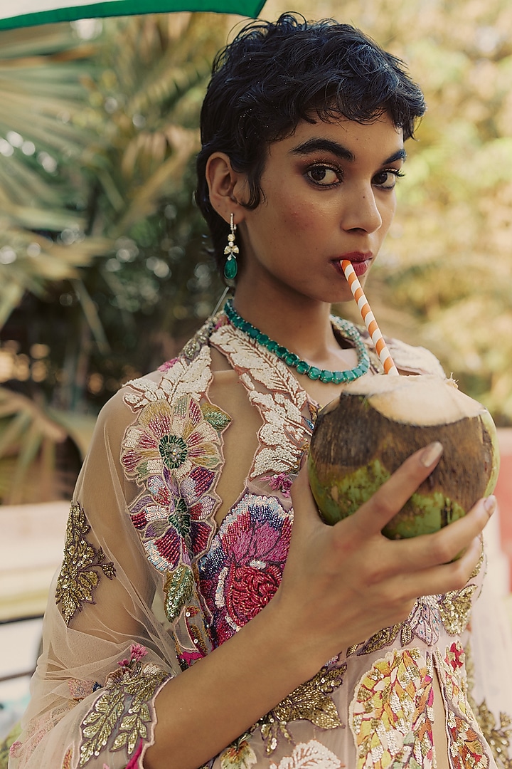 Peach Mono Net Floral Printed Bridal Sharara Set by Varun Bahl at Pernia's Pop Up Shop