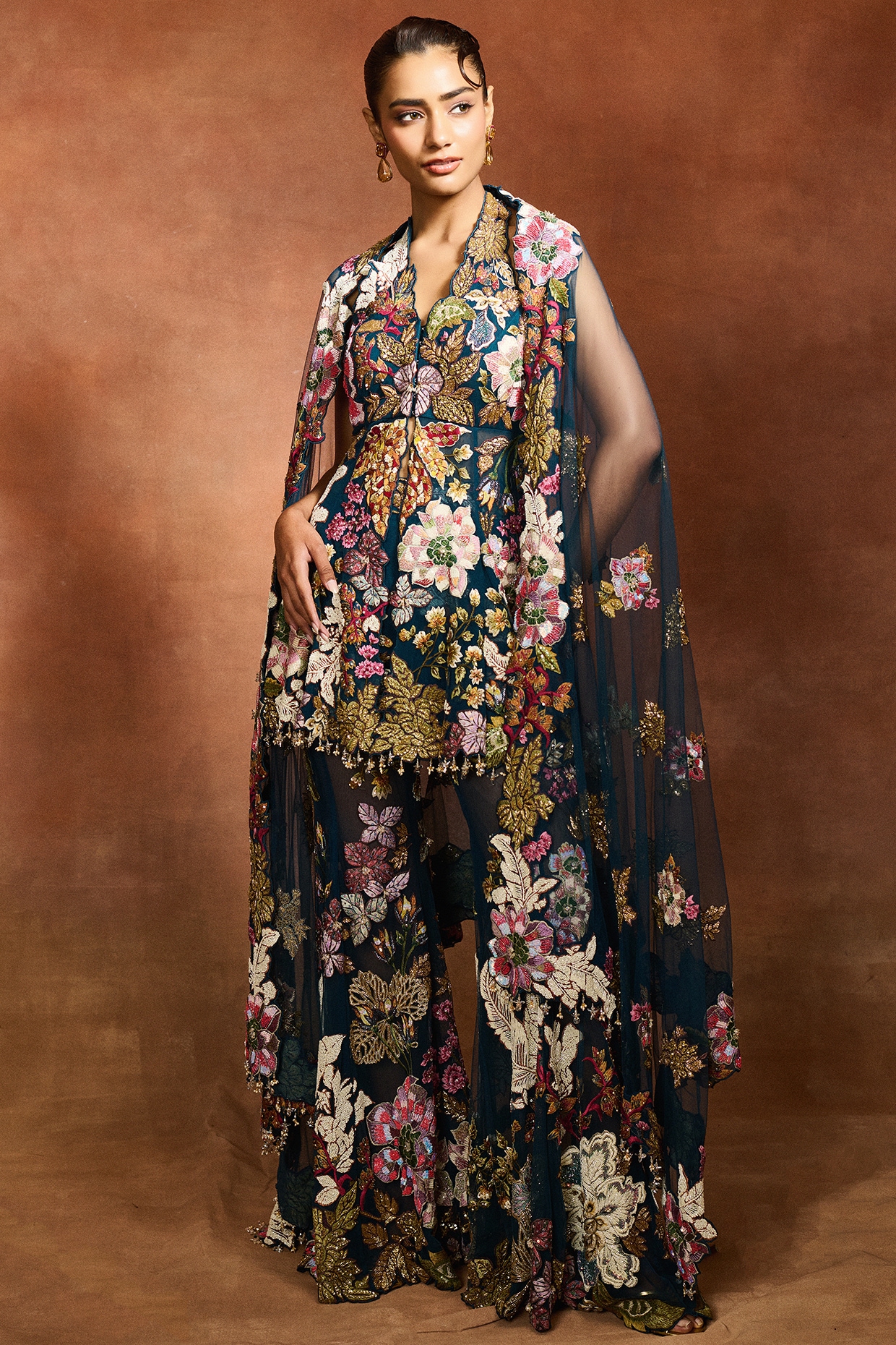 Varun Bahl Peach Mono Net Floral Patchwork Sharara Set